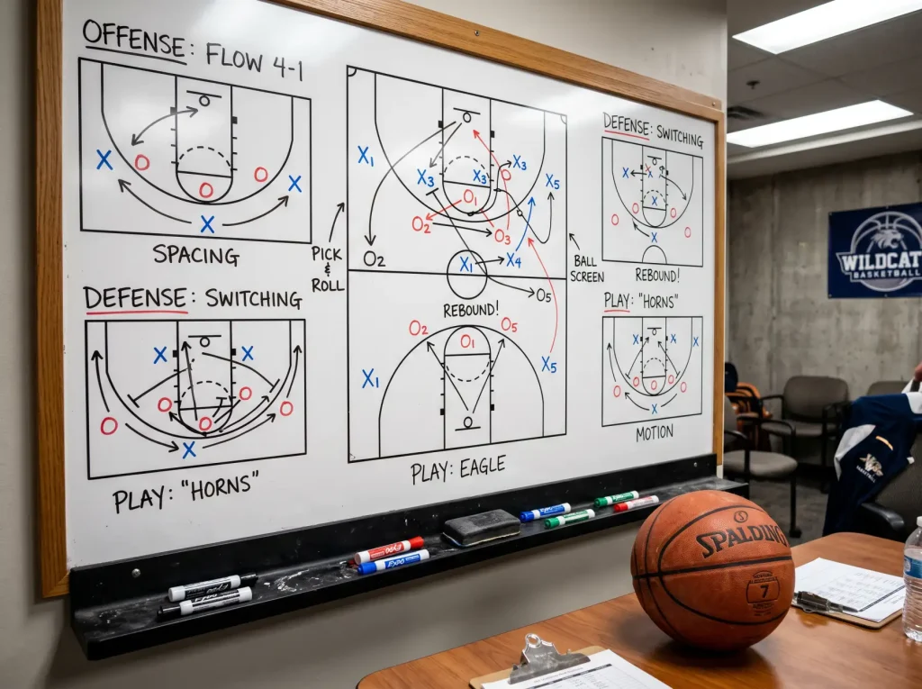 Pizarra táctica de baloncesto con jugadas y datos de apuestas superpuestos