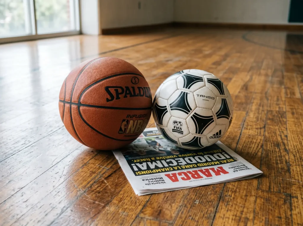Balón de baloncesto y balón de fútbol sobre una mesa de análisis de cuotas