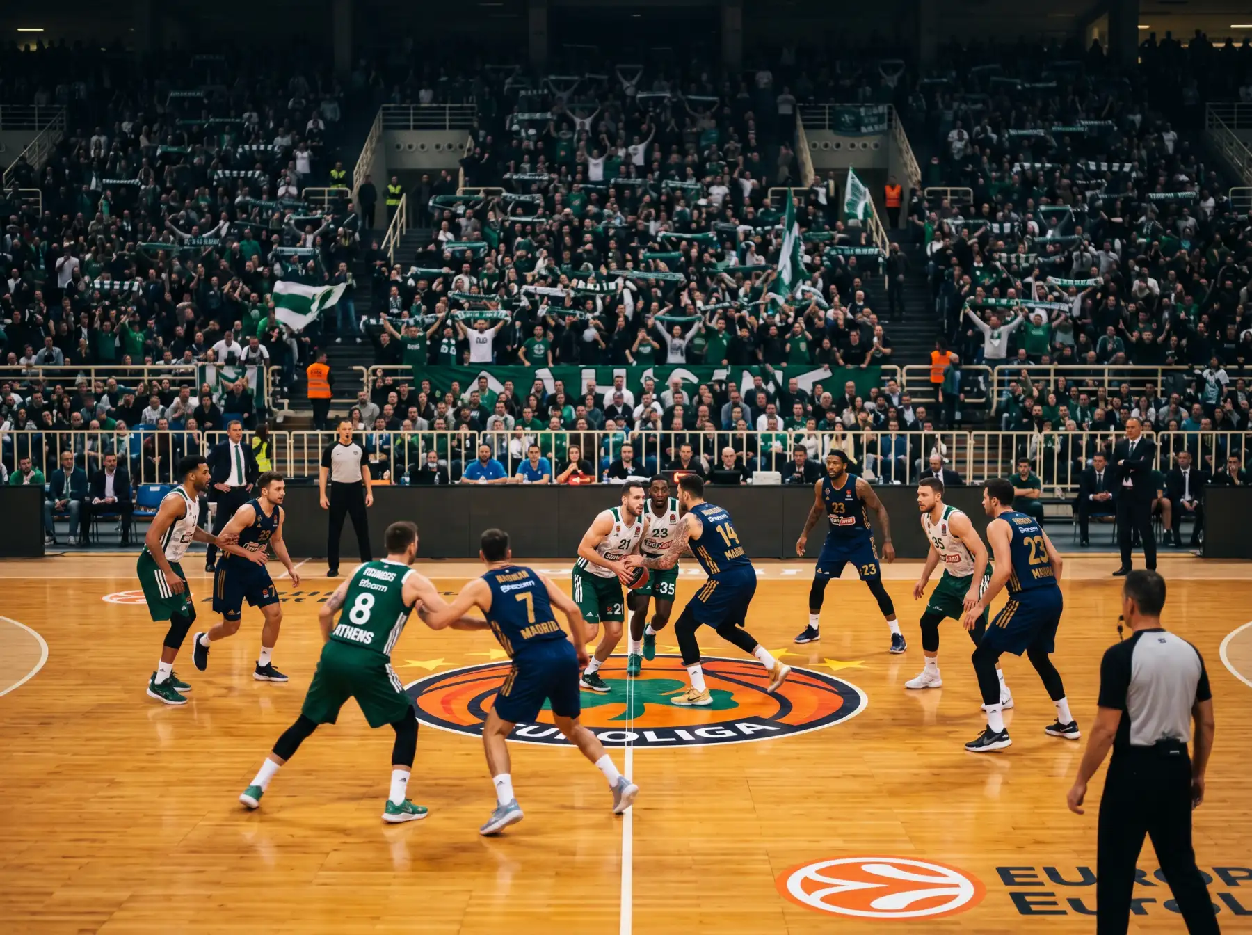 Pista de baloncesto iluminada durante la Final Four de la Euroliga con aficionados en las gradas