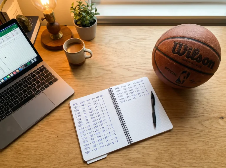Calculadora con cifras de bankroll y stakes sobre un fondo de pista de baloncesto