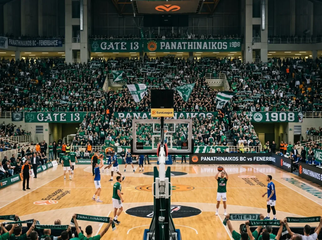 Afición de Panathinaikos en un partido de Euroliga con el pabellón lleno