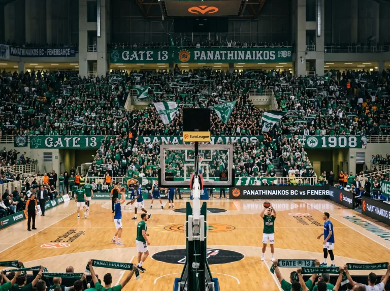 Afición de Panathinaikos en un partido de Euroliga con el pabellón lleno