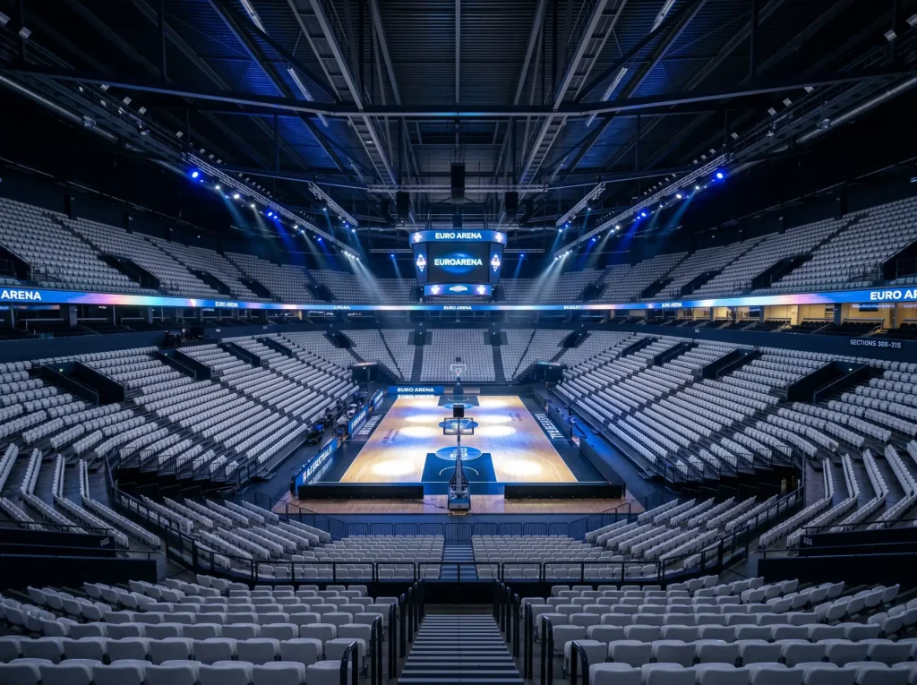 Pabellón del Real Madrid de baloncesto con datos de cuotas superpuestos