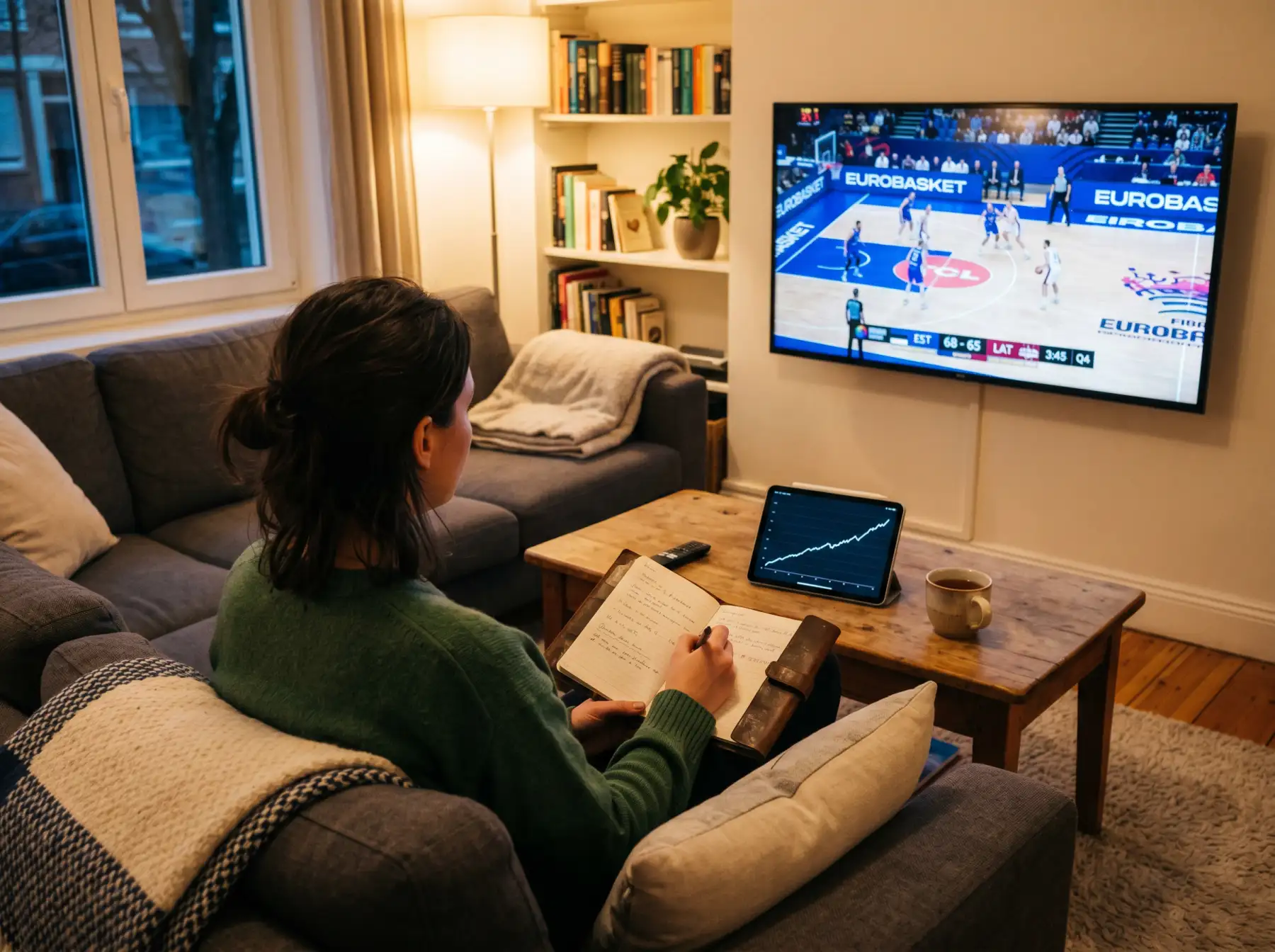 Persona tomando notas de estrategia junto a una pantalla con un partido de baloncesto europeo