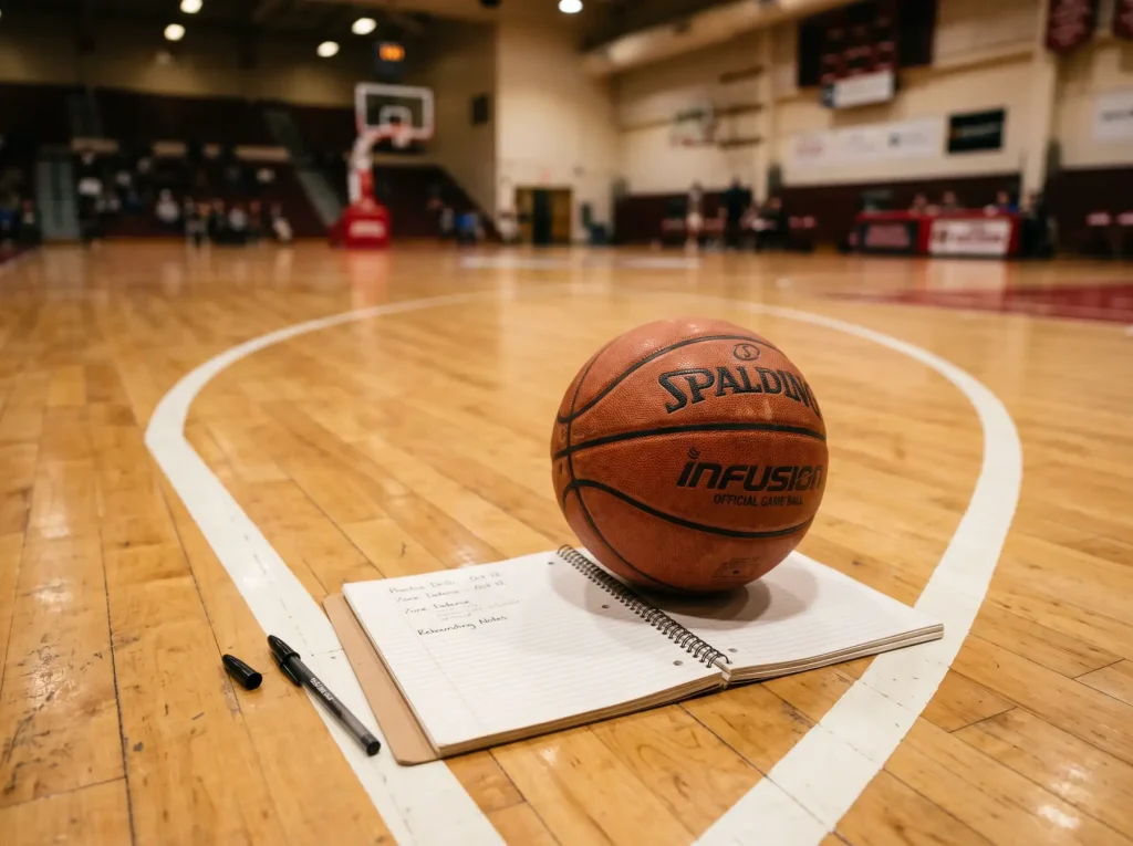 Lista de términos de apuestas de baloncesto sobre un fondo de pista de basket