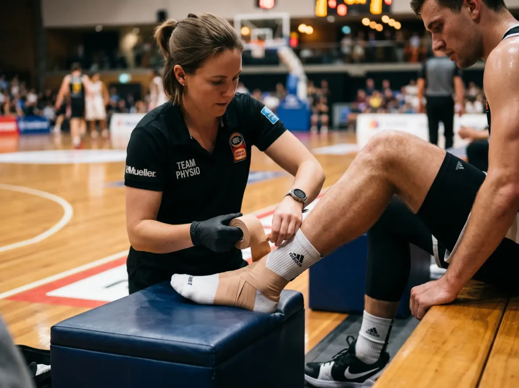 Jugador de Euroliga recibiendo atención médica en la pista con cuotas cambiando en segundo plano