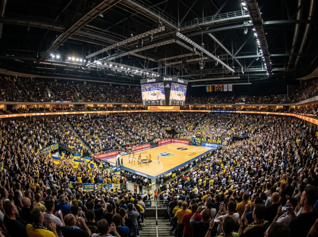 Gráfico de crecimiento financiero de la Euroliga superpuesto sobre un pabellón de baloncesto