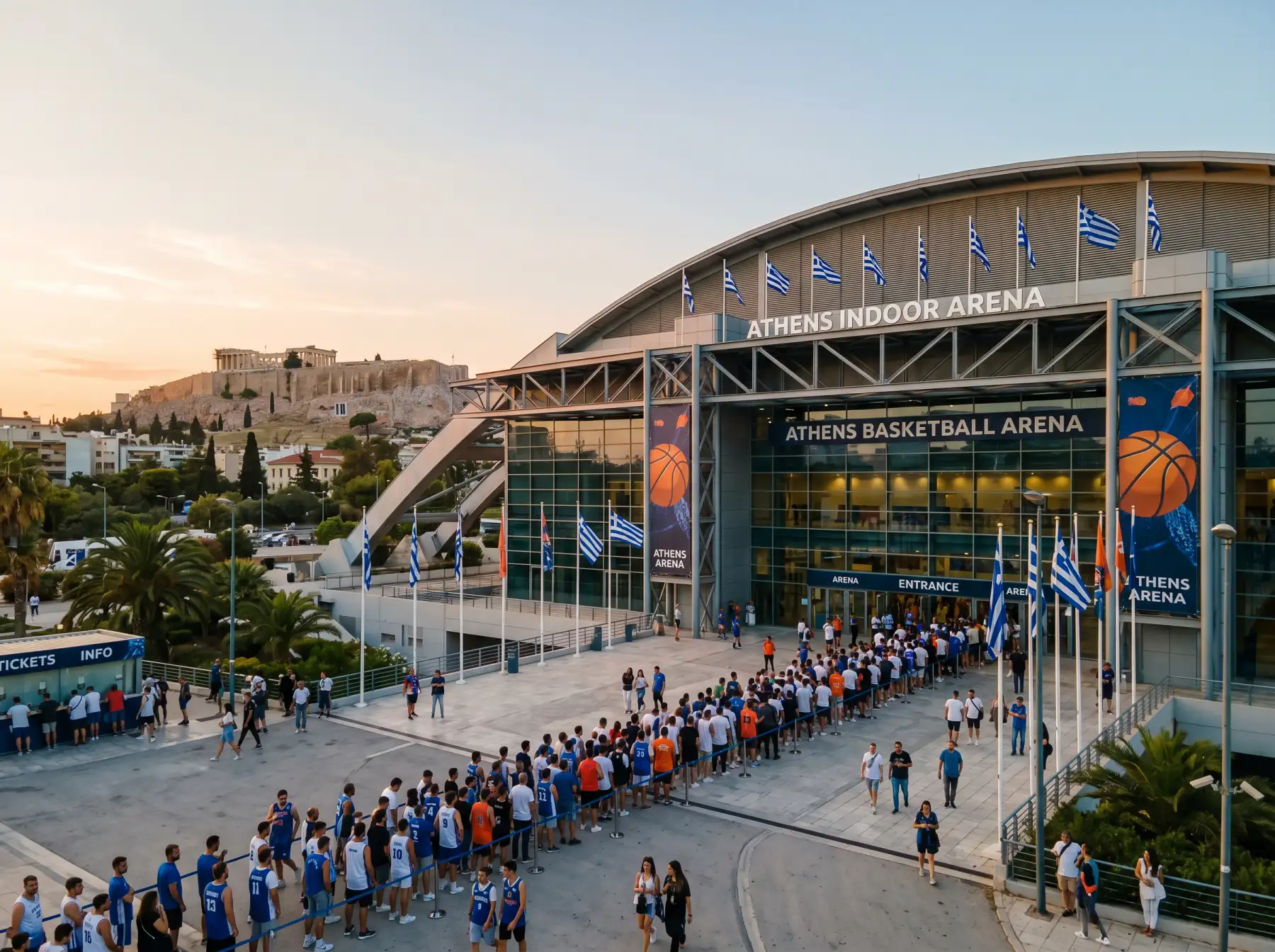 Vista exterior del pabellón de baloncesto en Atenas donde se celebra la Final Four 2026 de la Euroliga